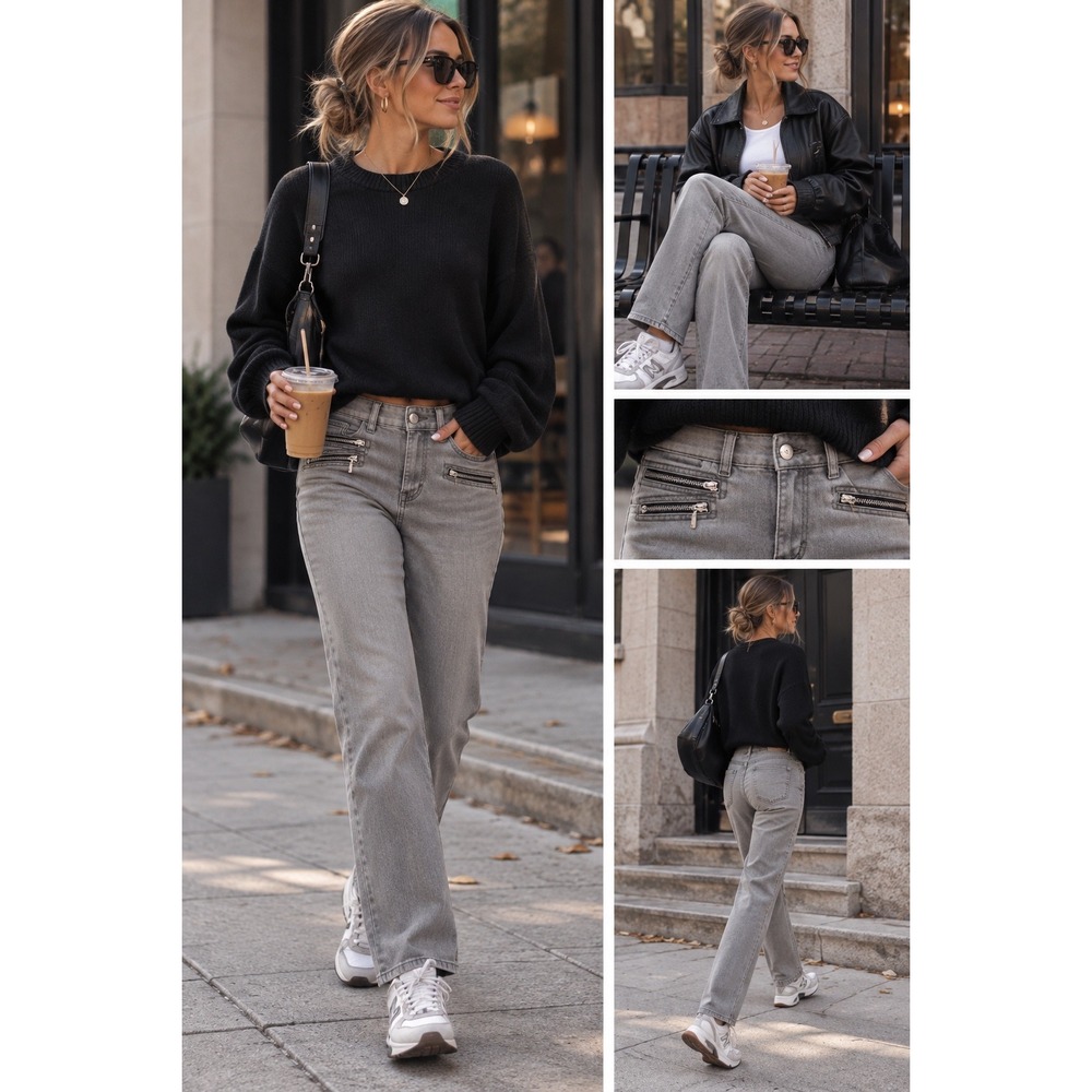 Style & Co Womens Grey Straight Leg Jeans Zipper Pocket Accent Size 8 Regular